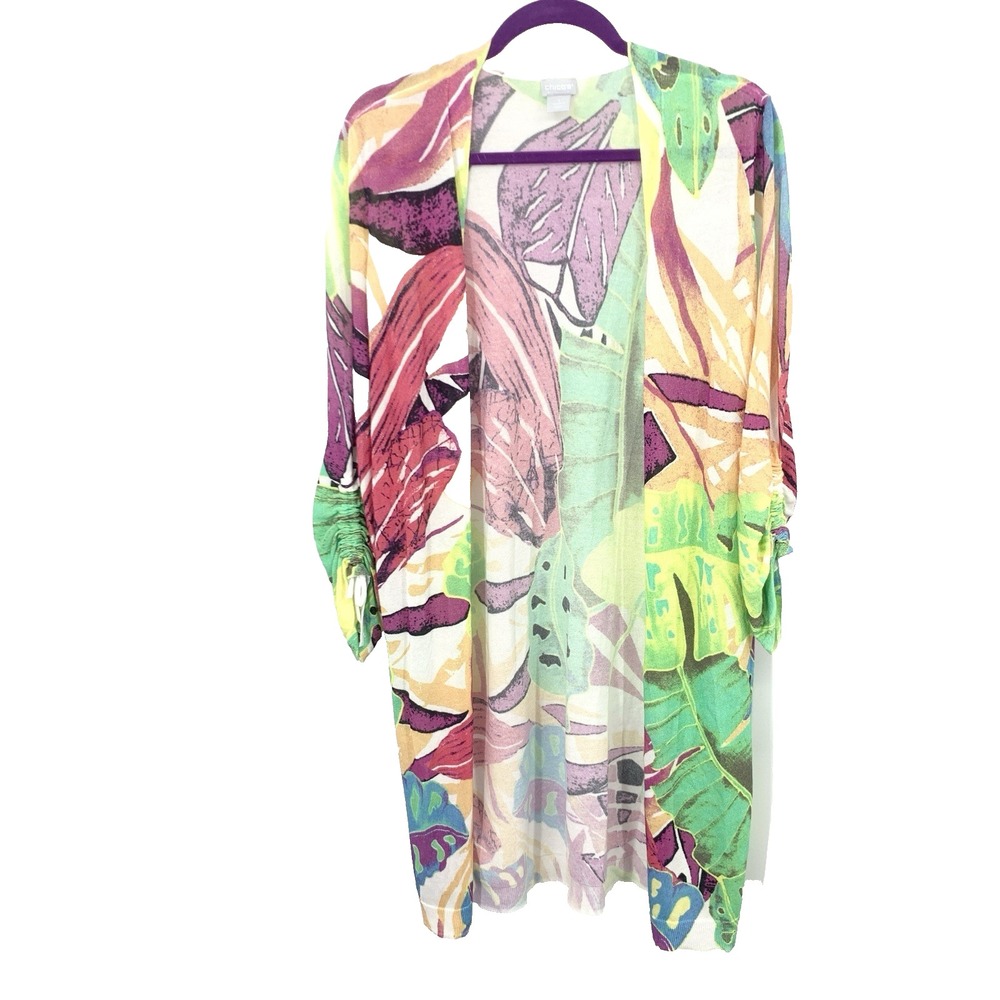 Chicos Women Size 1 Medium Cardigan Open Front Long Duster Top Green Pink Print